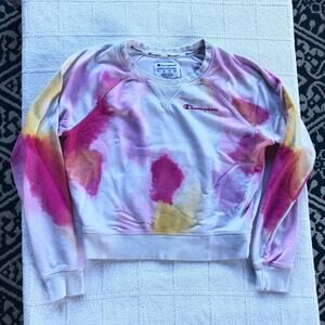 Pink Tie Dye Cropped Champion Crewneck Sweatshirt Women’s Small Logo Streetwear